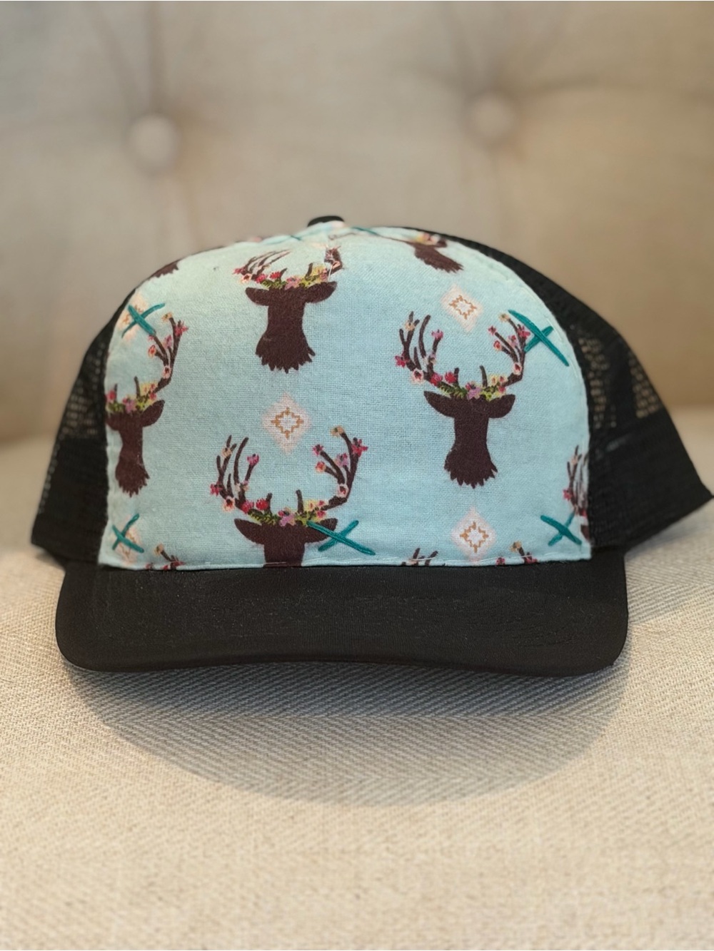 Floral Antler Trucker Hat - Black and Light Blue
